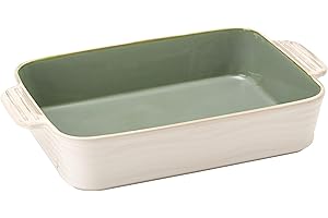 PORCER POECER Ceramic Baking Dish, 3.49qt/3300ml Casserole Dishes for Oven, 14.37in/36.5cm Square Porcelain Bakeware Set with Handles, Lasagna Baking Pan for Cooking, Baking and Serving-White & Green
