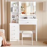 YuYe - Vanity with LED Lighting, Adjustable Brightness Mirror, Makeup Table with Chair, Dressing Table with 5 Drawers and 3 S
