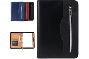Gift for Men,SAYEEC A5 Executive Conference Folder Travel Portfolio Ringbinder Folio Zip Around PU Leather Loose Leaf Refillable Lined Paper Business Notebook Zipped Organiser with Calculator