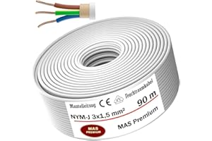 MAS PREMIUM Przewód elektryczny do wilgotnych pomieszczeń od 5 m do 200 m przewód płaszczowy NYM-J 3 x 1,5 mm², pierścień do stałego montażu (90 m)