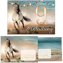 Junapack 12 Einladungskarten Zum 9. Geburtstag - Pferde Motive Für Mädchen