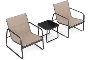 RELAX4LIFE 3 PCS Patio Bistro Set, Garden Furniture Set with Tempered Glass Tabletop, Outdoor Table and Chairs Set for Backyard Balcony Poolside (Brown Armchairs，61 x 77 x 75cm)