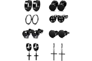 CASSIECA 9-12 Paires Acier Inoxydable Boucles d'Oreilles Homme Noires Argent Clous d'Oreilles pour Hommes Garçons Balle Haltère Vis Goujons Cartilage Ensemble de Bijoux pour Lui