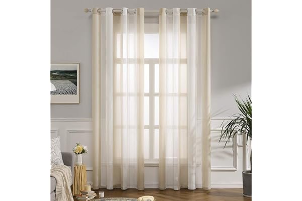 MIULEE Rideaux Voilage à Rayures Blancs et Beige, Voilages Intérieurs avec Oeillets, Beaux Voile Rideau Voilage Fenetre Chambre, Lot de 2 Transparent Rideaux Salon Hauteur 245 CM