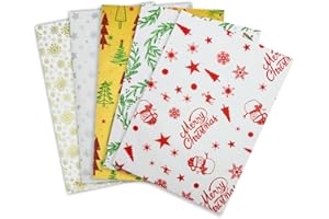 ZHNERY 50 x 35 cm Papier de soie de Noël pour emballage cadeau – Motif festif rouge vert 25 feuilles 5 motifs différents Papier de soie pour emballage cadeau artisanal de Noël