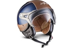 ‎SOXON Soxon® SP-325 Urban „Blue“ · Jet-Helm · Motorrad-Helm Roller-Helm Scooter-Helm Moped Mofa-Helm Chopper Retro Vespa Vintage Pilot · ECE 22.05 Visier Leather-Design Schnellverschluss Tasche L (59-60cm)