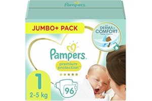Pampers Couches Taille 1 (2-5 kg), Premium Protection, 96 Couches Bébé, Notre N°1 Pour La Protection Des Peaux Sensibles