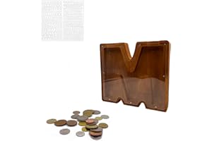 MEDOYOH Letter "M" Money Box, A - Z Letters 23CM/9IN Wooden Alphabet Piggy Bank Coin Bank Coin Storage Tank Money Bank with Alphabet Stickers for Adults Kids