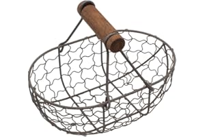 ANGOILY Cesta de de alambre con mango de madera, cesta de recolección de de estilo rústico vintage, cesta de almacenamiento de alambre para verduras para llevar, recolección de de gallina