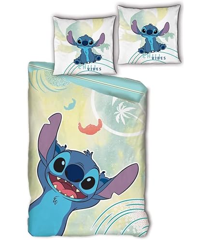 Parure De Lit Enfant Stitch Et Angel - Housse De Couette 140x200 Cm + Taie 65x65 Cm En 100% Coton - 7