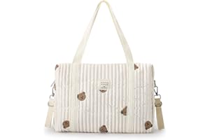 SONARIN Ricamo Fasciatoio per Neonato, Durevole Grande Capacità Cotone Borsa Cambio Mamma Leggera Portatile per Pannolini da Viaggio con Ganci per Passeggino (Orso)
