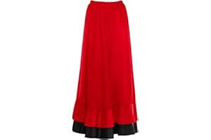 PARTILANDIA Falda Flamenca Mujer Larga Roja Volante Doble Negro [Tallas Adulto S a XXL]【Talla L】 Ensayo Baile Danza Disfraz