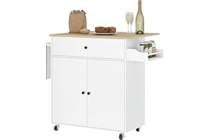 HOMCOM Isla de Cocina con ala Abatible Carrito de Cocina Mueble Auxiliar de Cocina con Ruedas 2 Puertas Cajón Especiero Toallero y Estante Ajustable 106x42x87 cm Blanco y Roble