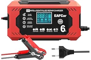 EAFCar 6A Autobatterie Ladegerät, 12V Smart vollautomatische KFZ Batterieladegerät mit Temperaturkompensation für Auto LKW Motorrad Rasenmäher Boot Marine Batterien(6A)