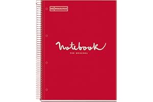 Miquelrius - Notizbuch A4 Notebook, 1 farbiger Streifen, 80 Blatt mit raster 5 x 5 mm, Papier 90 g/m² mikroperforiert mit 4 Bohrungen für 4 Ringe, Einband aus Karton, Farbe Rot