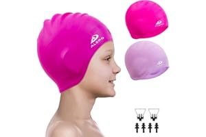 Alepo 2 Pack Badekappe Kinder Mädchen Jungen, Bademütze Langlebige Silikon Badekappe mit 3D-Ohrenschutz für Kleinkinder, schwimmkappe Lange Haare im Alter von 3–15 Jahren, Nasenclip