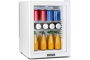 KLARSTEIN Nevera Pequeña Portatil Puerta de Cristal, Mini Nevera Silenciosa para Casa y Oficina, Frigorificos Pequeños para Refrescos, Cervezas, Estantes Extraíbles, Minibar 12-18°C, 42 l.