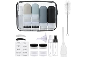 KITDAHOM Kit de Viaje - Botes Viaje rellenables - Botellas de Viaje de Silicona - Set de 17 - rellenables y a Prueba de Fugas champú, Crema, Gel de Ducha y Otros líquidos (Negro)