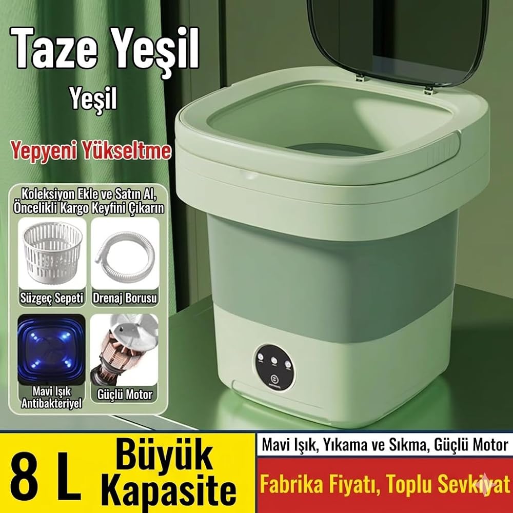 Katlanabilir Mini Çamaşır Makinesi 8 L Taşınabilir Yıkama ve Kurutma | Yurtlar için Uygun, Seyahate Uygun, Yer Tasarruflu, İç Çamaşırı ve Havlu, Küçük Evler için