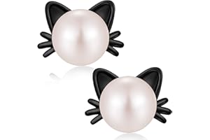 jiamiaoi Pendientes gato perlas plata Pendientes mujer plata de perla Pendientes de perlas plata Pendiente gato niña Pendientes forma gato de perlas 7.5-8mm