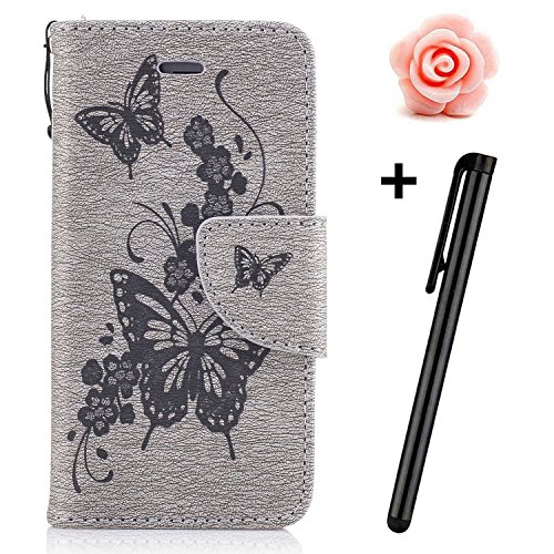 Motorola Moto G5 Hülle,Moto G5 Case,TOYYM PU Leder Flip Cover Wallet Case Bookstyle Brieftasche Tasche Schale Schutzhülle Vintage Blume Muster mit Standfunktion Karte Halter für Motorola Moto G5+1x Touch Pen(Color Random)+1x Staubschutz(Color Random)-Graue Blume