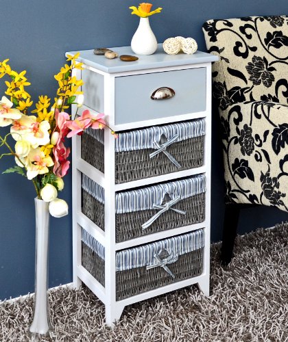 Landhaus Kommode Schrank Bad Regal in grau weiss mit einer Schublade und drei Körbe mit einem Stoffbezug in Blau