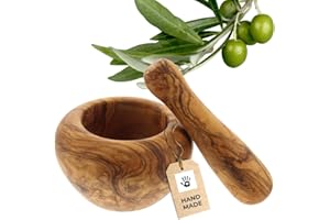 HOFMEISTER HOLZWAREN HOFMEISTER® Mortaio in legno d'ulivo - Utensili da cucina di alta qualità e idea regalo - Elegante mortaio con pestello per erbe e spezie, 10 cm