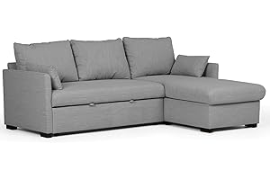 BUDWING Orlando, Sofá Cama Esquinero Gris Piedra - 4 plazas - Chaise Longue Reversible, Arcón de Almacenaje, Dos Cojines Sueltos - Estilo Contemporáneo - 221cm (Ancho) x 160.5cm (Fondo) x 88cm (Alto)