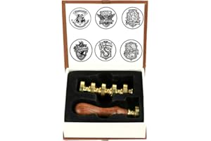 Sceau de cire, ensemble de sceau de cire ANBOSE Magic School comprenant 6 pièces scellant des têtes de cire en cuivre et 1 poignée en bois, scellant un Kit de timbre de cire avec une boîte cadeau