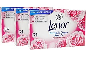 EPISHED Lenor 3 Pack Fabric Conditioner Dryer Sheets Pink Blossom 34 Sheets Each | Long-Lasting Fresh Floral Scent | Reduces Static Cling | Softens Fabrics | Tumble Dryer Freshness Booster