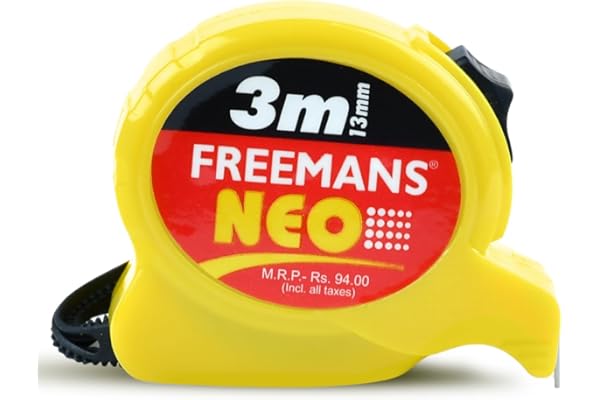 FREEMANS NEO 3m:13mm Steel Inchi Pocket Measuring Tape with Unbreakable ABS Case, Click-Action Front Lock, Finger Stop Protection, Hand Strap and Belt Clip