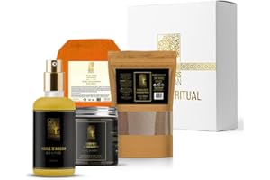 SENTEURS D'ARGAN COFFRET CADEAU HAMMAM- Huile d'argan bio du Maroc 30ml- Gommage au Savon noir à l'Eucalyptus 200G- Gant de gommage corps Kessa Hammam, Ghassoul en poudre 100gr