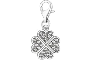 Quiges Charm Pendentif Breloque avec Fermoir Femme Plaqué Argent Trèfle à Quatre Feuilles en Zircone Blanche