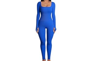 Dihope Femme Combinaison serré en tricot côtelé Manches longues col carré Combinaison De Sport Élastique Taille Haute Combinaison de yoga Ajustée Playsuit de Sport Bodysuit