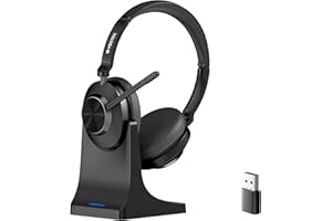 Voistek Bluetooth Headset with Microphone with Dock, 45+ Hours Battery, On-Ear Wireless Headset for Work, PC, Laptop, Tablet, Cellphone, USB-C & USB Dongle, Compatible with Windows, Mac, Android, iOS