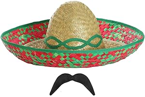 I LOVE FANCY DRESS Mexican Sombrero and Tash Costume Set - Blue Sombrero Straw Hat and Black Mexican Moustache - Mexico Party Fancy Dress Costume Accessory Set