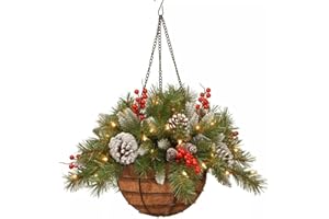 EasyByMall Artificial Flowers Hanging With Basket, Pre-Lit Artificial Christmas Hanging Basket W/LED Lights Pine Cones For Outdoor Xmas Porch Front Door Holiday Garden Home Decoration, 30x25x15cm