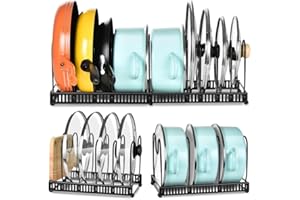 aceyoon Soporte extensible para ollas, armario ajustable para almacenamiento de ollas de cocina, 10 compartimentos, estantes para sartenes debajo organizador de sartenes con soporte para tapa