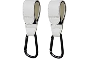 2Pcs Stroller Hooks for Hanging, Babyfond Premium Leather Style Stroller Clip Straps, Baby Stroller Hooks for Diaper Bags Grocery Shopping Bags, Mommy Hook for Stroller (White)