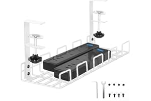 SEGNAYEN Under Desk Cable Management Tray No Drill, Cable Tray Under Desk, Metal Standing Desk Wire Organizer Basket Clamp for Office Home Cord Tidy Rack, White,1PCS