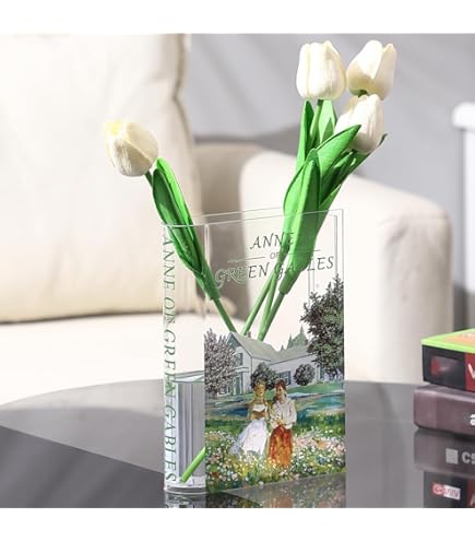 KRYSTHIA Boekvazen, set van 2, boekenvaas voor bloemen, acryl boekvormige vaas voor tulpen, kleine unieke vazen, modern boekenliefhebber cadeau voor kantoor, woonkamer, slaapkamer, boekenplank