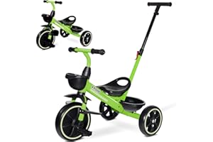 KRIDDO 2-in-1 Toddler Tricycle for Ages 18 Months to 5 Years Old - Extended Push Handle for Effortless Push, Gift Trike for Toddler 3 to 5 Year, Kids Tricycle with Foldable Front Footrest, Green