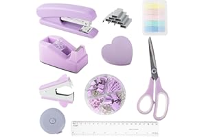 DaizySight Kit de suministros y accesorios de oficina morados, juego de grapadora y dispensador de cinta para niñas con grapadora, dispensador de cinta, removedor de grapadora, regla, suministros