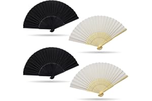 Grantop 4 Pcs Black Folding Hand Fan, Silk Fabric Bamboo Ribs Handheld Fan, Folding Chinese Fan for Wedding Christmas Party Prom Festival DIY Home Decorations (Black+White)