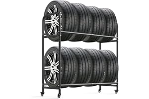 Hershii Adjustable Rolling Tyre Storage Rack, 2-Tier Tire Display Stand Space for 8 Tyres, Heavy Duty Metal Car Wheel Shelving Unit for Garage Workshop Warehouse, (63-108) X 39 X 112cm, Black