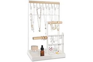 ZENIDA ZENDIA Jewellery Organiser Stand, Jewellery holder Organiser with Earring Tray and 10 Hooks, 5 Tier Necklace Holder Display for Earrings Watches Bracelet Rings (White)