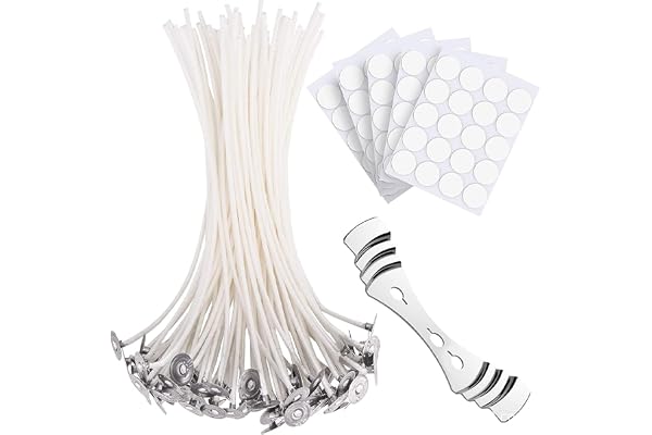 Mèche pour Bougies,Kit de Mèche de Bougie,Mèche de Bougie Coton,Mèches de bougie,Mèches En Coton Naturel Mèches Pré Ciré,20cm 50 Mèches de Bougie avec Autocollants de Mèche,Supports de Mèche