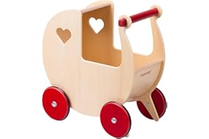 Moover Classic Doll's Pram for Toddlers, Fully Assembled, Made in Denmark from Russian Birch Plywood, Push Along Toy, 18 Months+, 44 x 43 x 24 cm, Natural Wood and Red