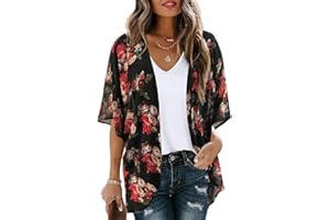 Minetom Femmes Gilet Kimono Casual Veste Cardigan en Mousseline de Soie Été Imprimé Floral Plage Outwear Pareo Tops Maillot de Bain Bikini Cover Up