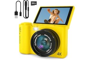 SAIYUANXING 4K Digital Camera for Photography and Video, Point and Shoot Digital Cameras with Flip Screen, Small Digital Camera with WiFi and Bluetooth, Vlogging Camera for YouTube Video Recording (Yellow)